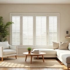 Bright living room with large windows and white shutters, furnished with a white sectional sofa, armchair, round wooden coffee table, potted plants, books, and neutral décor—ideal for Airbnb Management or Second Home Services.
