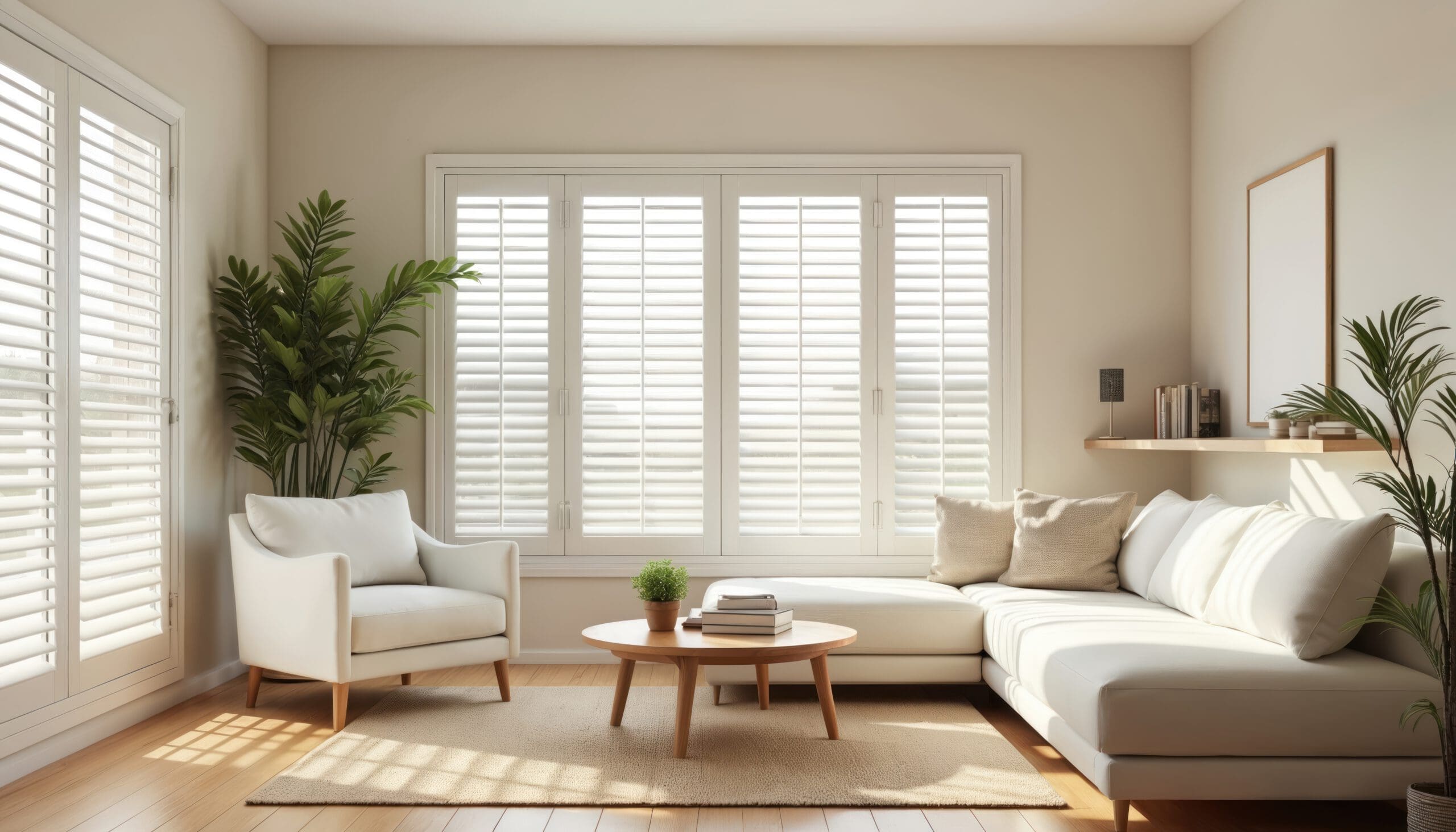 Bright living room with large windows and white shutters, furnished with a white sectional sofa, armchair, round wooden coffee table, potted plants, books, and neutral décor—ideal for Airbnb Management or Second Home Services.