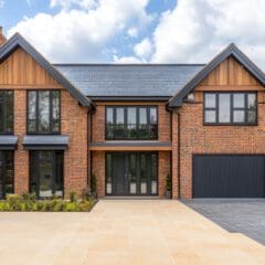 Modern two-story brick house with large black-framed windows, a single-car garage, and landscaped front yard—ideal for Airbnb Management or Fully Managed Holiday Lets—set against a blue sky with scattered clouds.