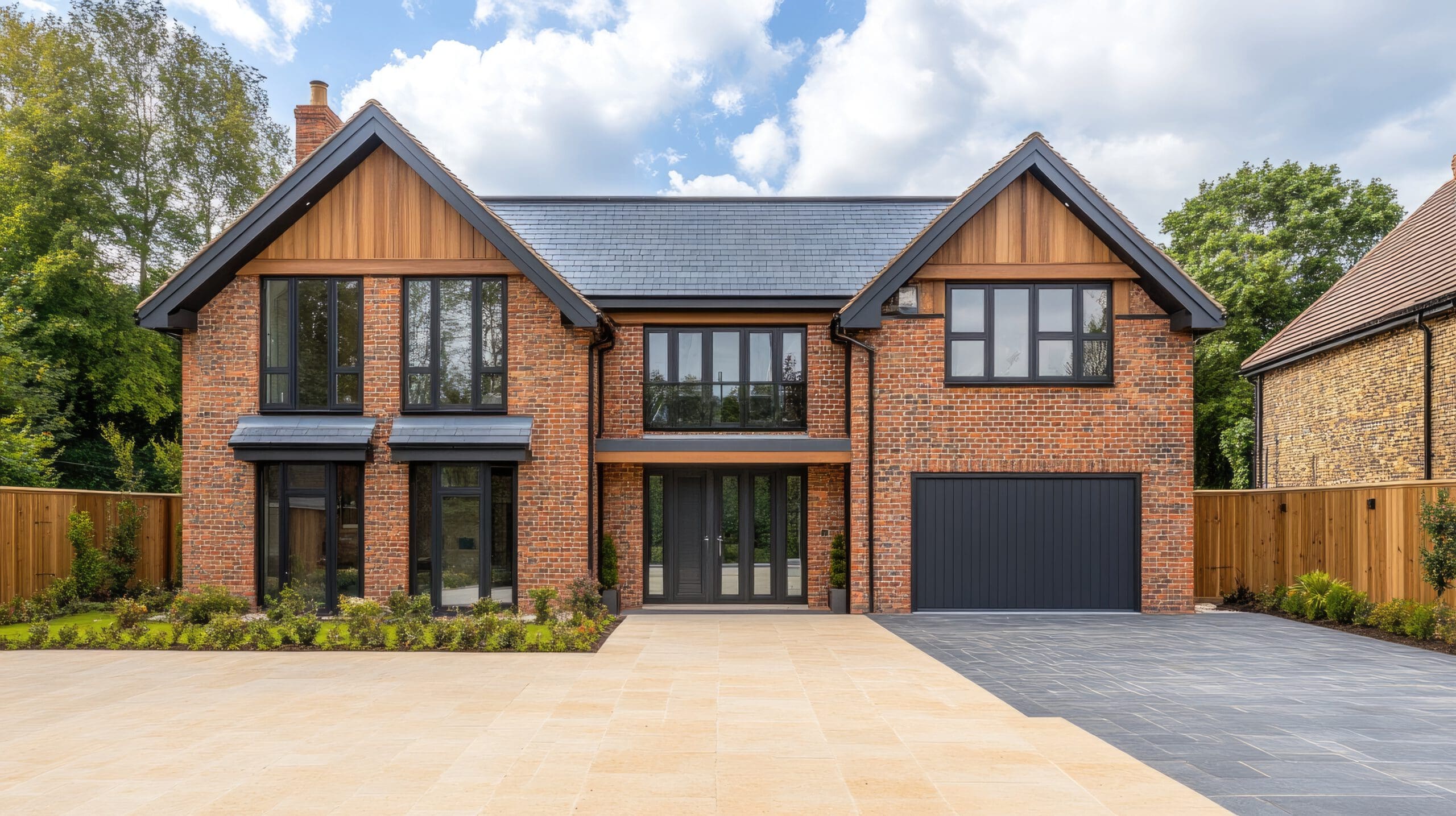Modern two-story brick house with large black-framed windows, a single-car garage, and landscaped front yard—ideal for Airbnb Management or Fully Managed Holiday Lets—set against a blue sky with scattered clouds.
